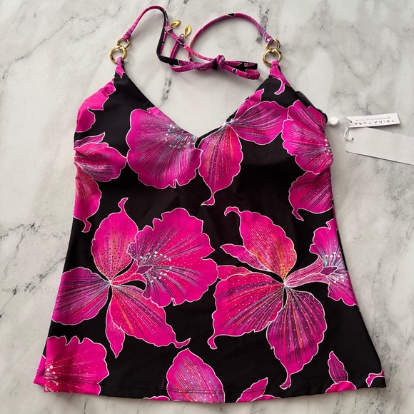 Trina Turk Nwt Black Pink Floral Fleury Chain Trim Tankini Swim Bikini Top 4 - Picture 1 of 5